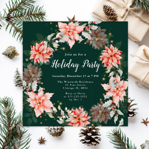 Invitation Couronne de Noël aux Poinsettias Rouges pour Fête