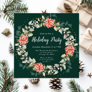 Invitation Couronne de Noël aux Poinsettias Rouges pour Fête