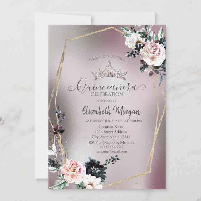 Invitation Couronne de paillettes chic, roses métalliques (Devant)