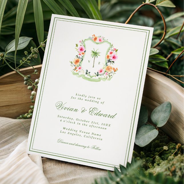 Invitation Couronne de palmier Monogramme Mariage Tropical su (Créateur téléchargé)