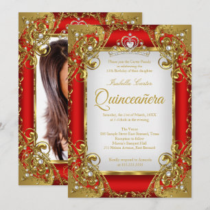 Invitation Couronne de perles dorées rouges pour photo de Qui
