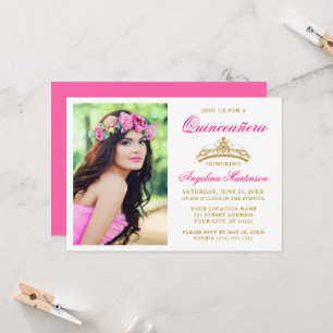 Invitation Couronne de photo élégante en or Quinceanera rose 