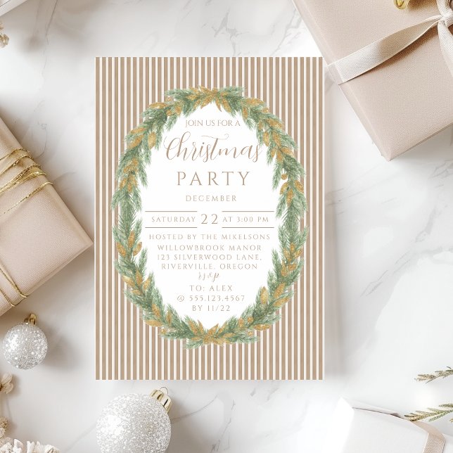 Invitation Couronne de pin à rayure dorée Noël (Créateur téléchargé)