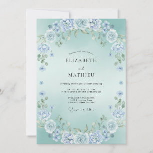Invitation Couronne de pivoines bleu barbeau Mariage