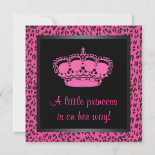 Invitation Couronne de princesse bébé fille rose fuchsia léop