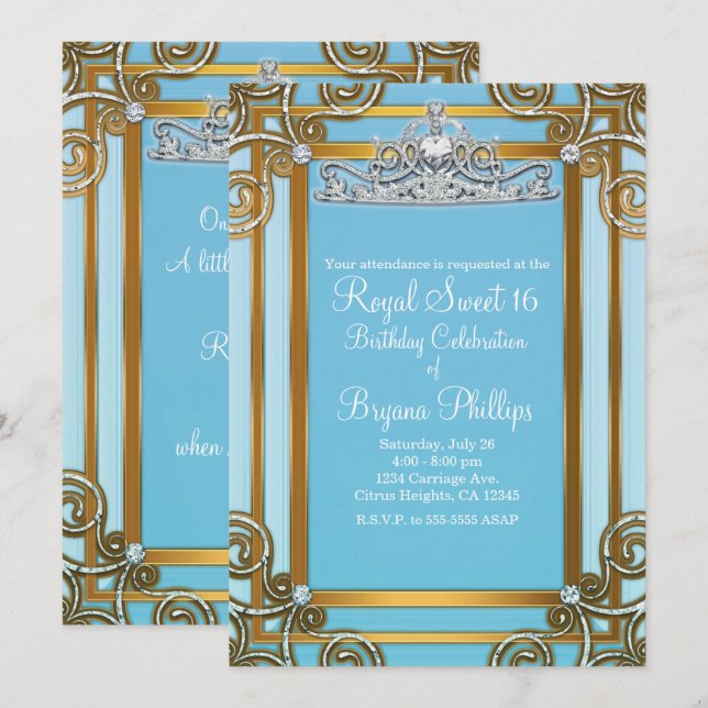 Invitation Couronne de princesse bleue et or pour fête Sweet  (Devant / Derrière)