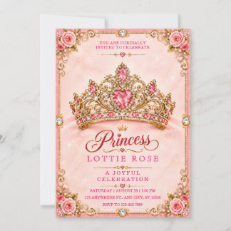 Invitation Couronne de princesse élégante rose et or pour ann