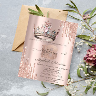 Invitation Couronne de princesse paillettes gouttes Rose Gold