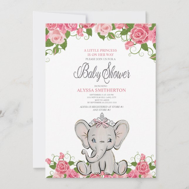Invitation Couronne de princesse pour bébé fille Éléphant Ros (Devant)