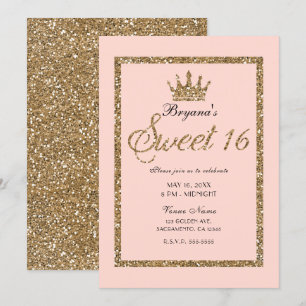 Invitation Couronne de princesse rose pailletée or scintillan