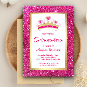 Invitation Couronne de princesse rose pailletée pour Quinceañ