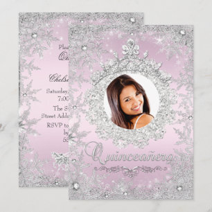 Invitation Couronne de Quinceanera argent rose flocon de neig