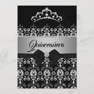 Invitation Couronne de Quinceanera noire et argentée avec dia