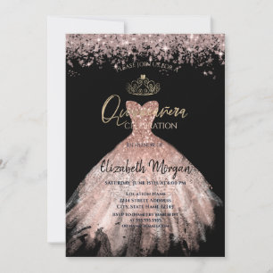 Invitation Couronne de robe chic, diamants Quinceañera noire