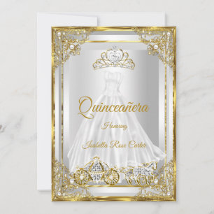 Invitation Couronne de robe de Quinceanera or blanc calèche