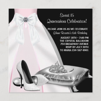 Invitation Couronne de robe de soirée rose noire Quinceanera