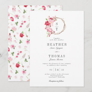 Invitation Couronne de roses aquarelles rouges monogramme de