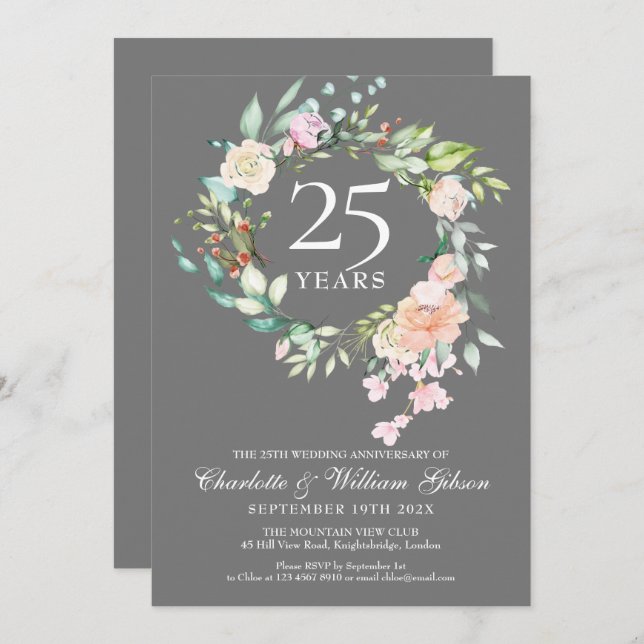 Invitation Couronne de roses argentées pour 25e anniversaire  (Devant / Derrière)