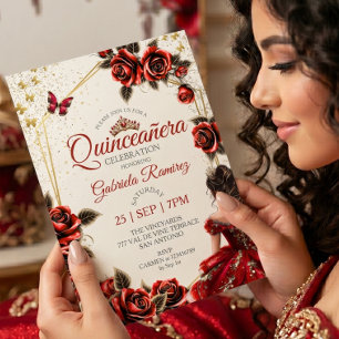 Invitation Couronne de roses dorées rouges pour Quinceañera p