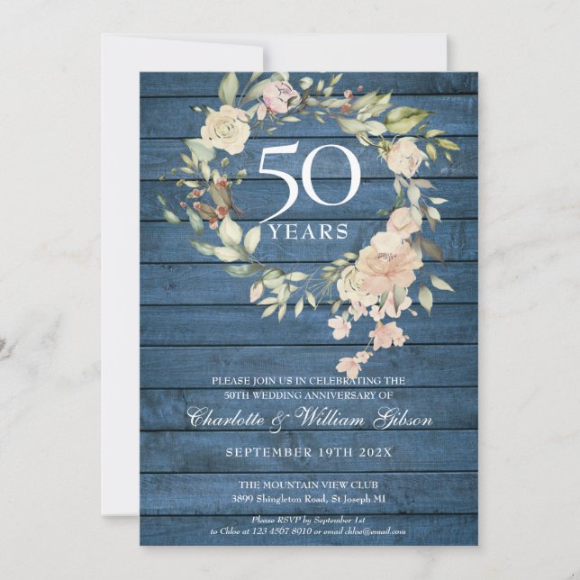 Invitation Couronne de roses en bois rustique bleu pour 50e a (Devant)