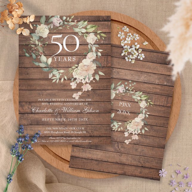 Invitation Couronne de roses en bois rustique pour 50e annive (Créateur téléchargé)
