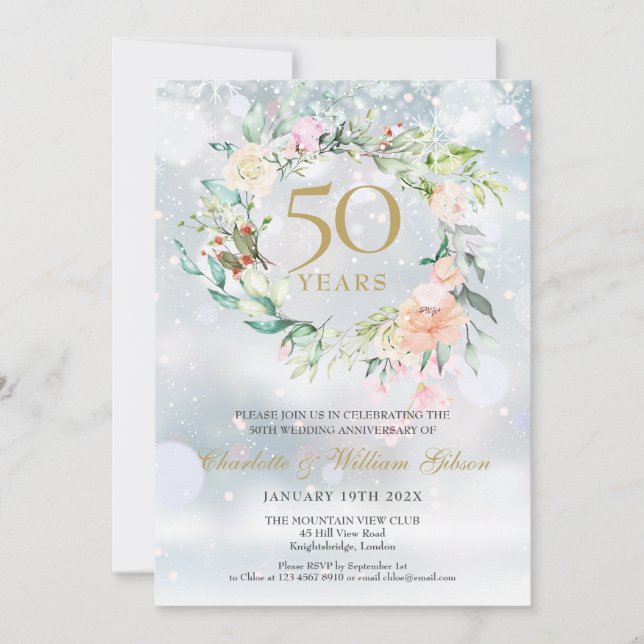 Invitation Couronne de roses flocons de neige d'hiver 50e ann (Devant)