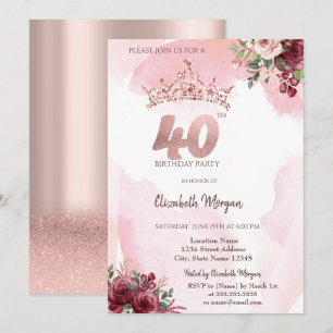 Invitation Couronne de roses pailletées or rose pour 40e anni