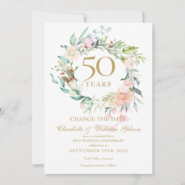 Invitation Couronne de roses pour changement de date du 50e a (Devant)