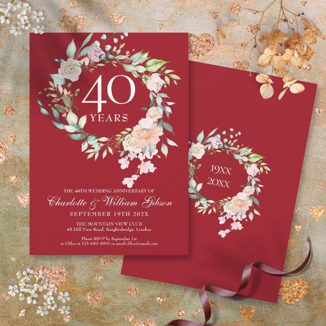 Invitation Couronne de roses pour les 40 ans de mariage Rubis (40th Wedding Anniversary Roses Garland Ruby Invitation)
