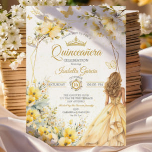 Invitation Couronne de Tiare Dorée Fleur Jaune Papillons Quin