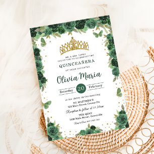 Invitation Couronne de Tiare Émeraude Verte Fleurs Papillons 