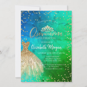 Invitation Couronne de Tiare Robe Dorée, Diamants Vert Bleu Q