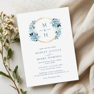 Invitation Couronne de verdure bleu poussiéreux Monogramme Ma