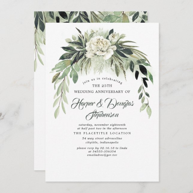 Invitation Couronne de verdure élégante pour mariage et anniv (Devant / Derrière)