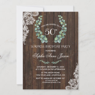 Invitation Couronne d'eucalyptus Bois Dentelle Fête d'anniver