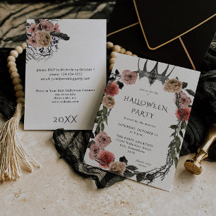 Invitation Couronne d'Halloween Rose & Fleurs Noires Fête - B