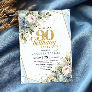 Invitation Couronne d'or bleu pâle élégance 90e anniversaire
