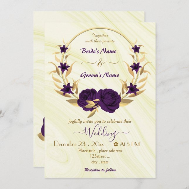 Invitation couronne d'or de fleurs violettes royales (Devant / Derrière)