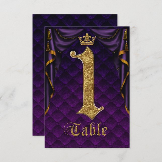 Invitation Couronne d'or violet royal Table de mariage numéro (Devant / Derrière)