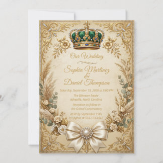Invitation Couronne dorée en ivoire Pampas Bohème royale élég