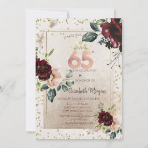 Invitation Couronne dorée, Fleurs bordeaux  65e Anniversaire