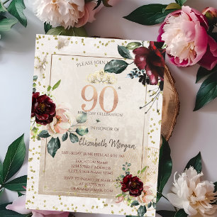Invitation Couronne dorée, Fleurs bordeaux  90e Anniversaire