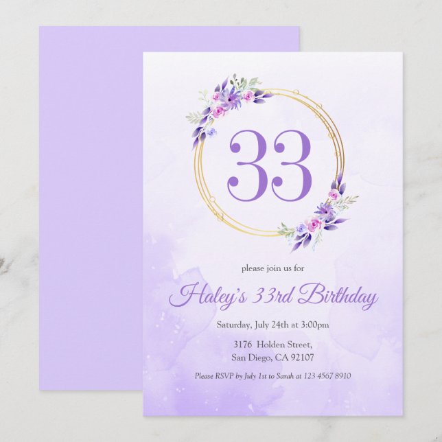 Invitation Couronne dorée florale violet pastel 33e anniversa (Devant / Derrière)