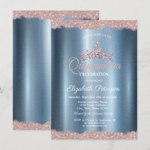 Invitation Couronne élégante Quinceañera Bleu Métallisé 