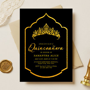 Invitation Couronne Élégante Quinceanera Noir et Or