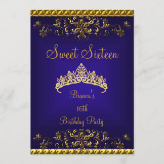 Invitation Couronne en diamants or bleu profond pour Sweet 16