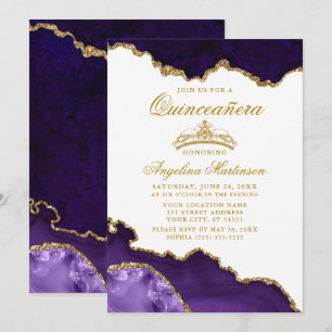Invitation Couronne en marbre d'or violet Quinceanera