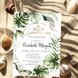 Invitation Couronne en or chic feuilles tropicales Quinceañer