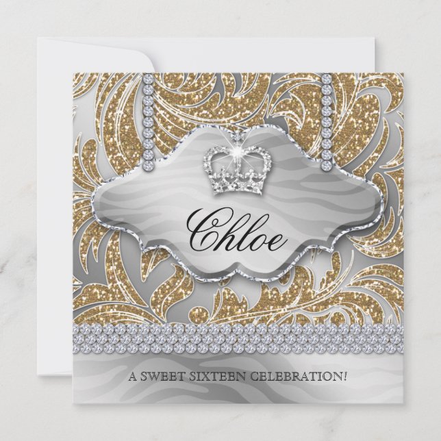 Invitation Couronne en or de bijoux pour fête Sweet 16 (Devant)