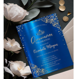 Invitation Couronne en or, Diamants Quinceañera Bleu Métallis